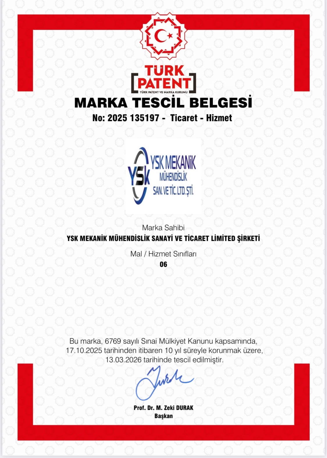 YSK MEKANİK MARKA TESCİL BELGESİ